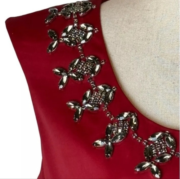 Talbots Dress Size 8 Red Satin Jeweled Neckline - Picture 5 of 8
